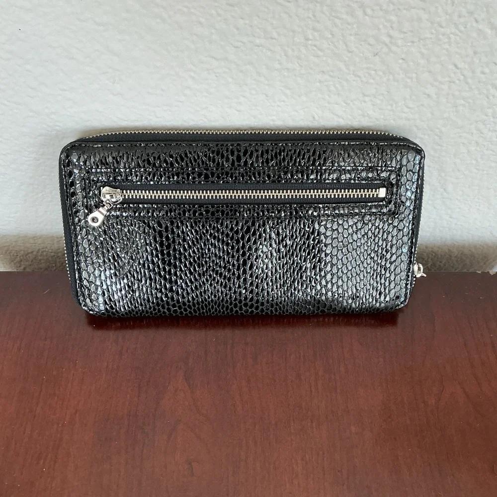 Abas Black Patent Snakeskin Zip Travel Clutch Wallet